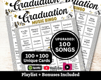Graduation Hits Music Bingo, 100 Cards, 100 Songs Playlists Included, Singalong Party, Printable PDF Game, Instant Download