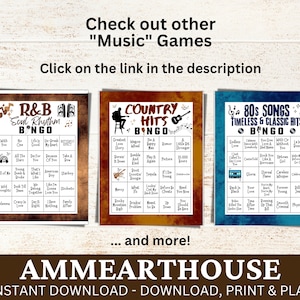 May include: Three printable bingo cards with a woodgrain background. The cards are titled "R&B Soul Rhythm Bingo", "Country Hits Bingo", and "80s Songs Timeless & Classic Hits Bingo". Each card features a different music genre and includes a list of songs related to that genre.