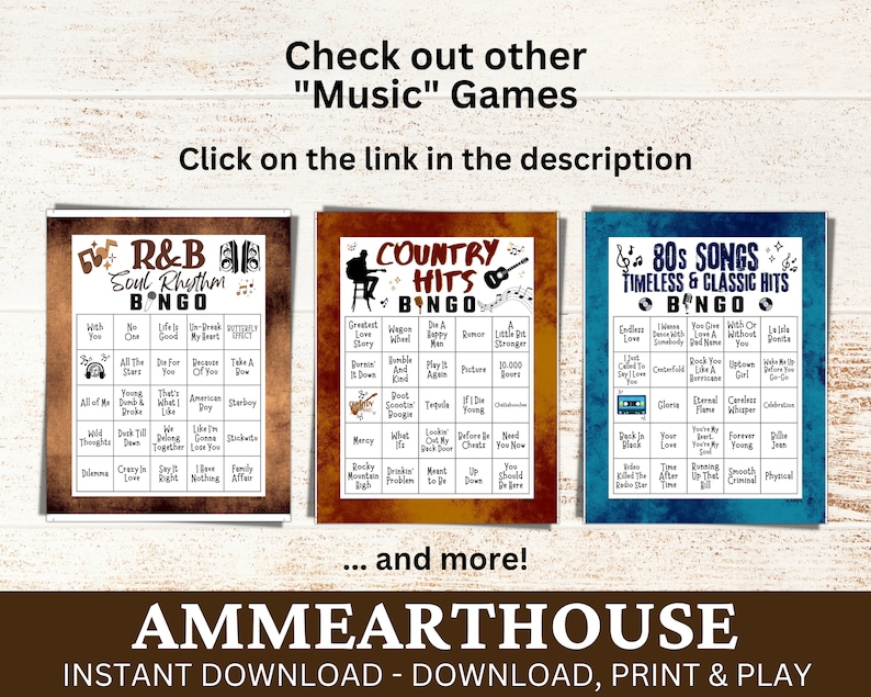 May include: Three printable bingo cards with a woodgrain background. The cards are titled "R&B Soul Rhythm Bingo", "Country Hits Bingo", and "80s Songs Timeless & Classic Hits Bingo". Each card features a different music genre and includes a list of songs related to that genre.