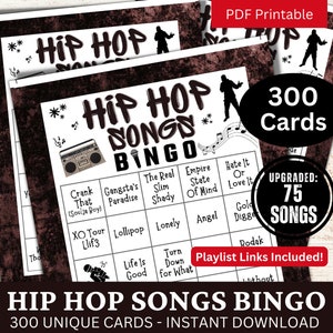 Hip Hop Songs Bingo 300 Karten, Rap Musik Bingo mit Playlist 75 Songs, Family Club Night Gathering druckbares Spiel, Geburtstagsfeier Aktivität