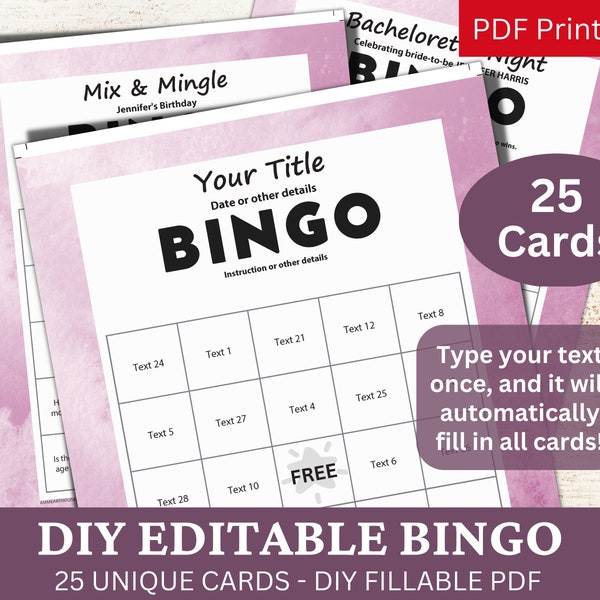 25 Editable Bingo Watercolor Violet Template PDF, DIY Fillable Game Card, Custom Automatic Fill, Personalized Make Your Own Generator