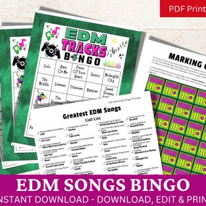 May include: Printable EDM Tracks Bingo game with green and yellow bingo cards, a call list of popular EDM songs, and a sheet of marking chips. The game includes songs like "The Middle", "Titanium", "Sweet Dreams", and "Midnight City".