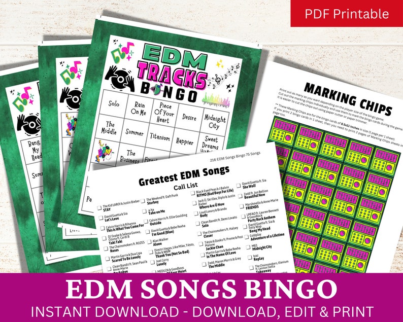 May include: Printable EDM Tracks Bingo game with green and yellow bingo cards, a call list of popular EDM songs, and a sheet of marking chips. The game includes songs like "The Middle", "Titanium", "Sweet Dreams", and "Midnight City".