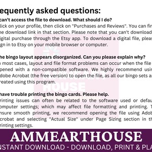 Puede incluir: Un gr&aacute;fico morado y blanco con el texto "Frequently asked questions:" y una lista de preguntas y respuestas sobre la descarga e impresi&oacute;n de tarjetas de bingo. El texto "AMMEARTHOUSE" est&aacute; en letras blancas grandes sobre un fondo morado. El texto "INSTANT DOWNLOAD - DOWNLOAD, PRINT & PLAY" est&aacute; en letras blancas sobre un fondo morado.