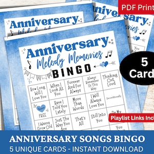 Bingo z piosenkami rocznicowymi 5 kart, Bingo z muzyką na uroczystości z playlistą, Wydrukowana aktywność na zjazd rodzinny dla dorosłych, Gra na świąteczne spotkanie