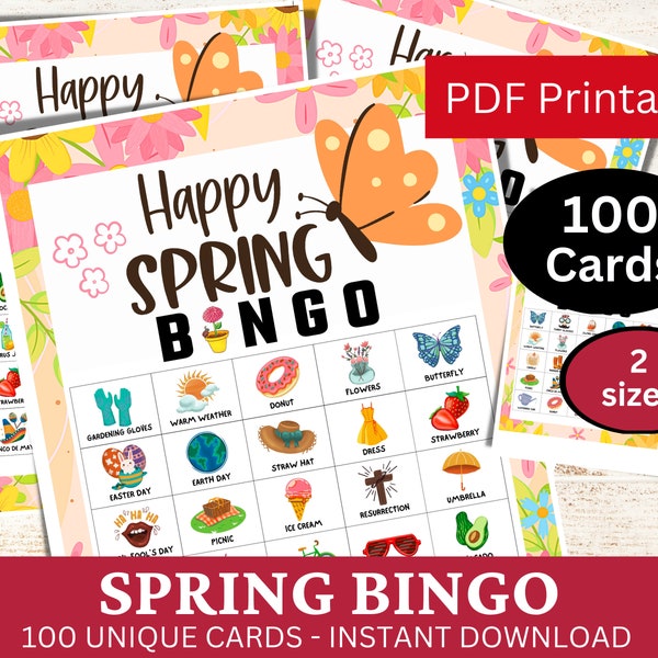 100 cartes de jeu de bingo de printemps, activité de saison de printemps, jeu de classe imprimable, fête de famille PDF, voyage scolaire, jeu de bingo de voyage