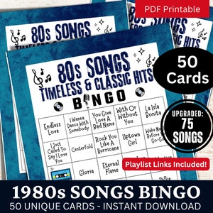 Jeu de bingo avec chansons classiques des années 80, 50 cartes, activité musicale intemporelle, jeu imprimable pour soirée familiale, PDF d'anniversaire pour les amateurs de rétro image 1