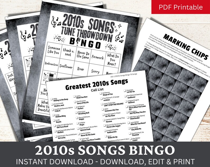 2010s Songs Bingo Game 50 Card, Family Reunion Party Night, Throwback