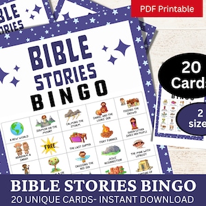 20 Bible Stories Bingo Game Card for Kids, Church Youth Gathering Activity, Sunday School Class Game Printable, Family Holiday Game PDF