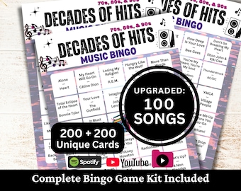 Decades 70s 80s 90s Music Bingo, 200 Cards, 100 Songs Playlists Included, Printable PDF Game, Instant Download