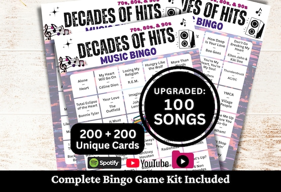 Decades 70s 80s 90s Music Bingo, 200 Cards, 100 Songs Playlists Included, Printable PDF Game, Instant Download