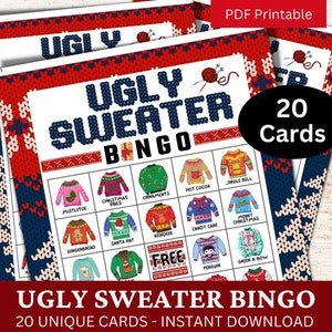 Suéter feio de Natal Bingo 20 cartas, jogo de reunião de Natal PDF, atividade divertida de festa de fim de ano, jogo de família de inverno para impressão