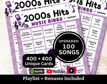 Bingo musicale con successi degli anni 2000, 400 cartelle, playlist di 100 brani incluse, gioco PDF stampabile, download immediato