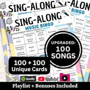 以下が含まれることがあります： 曲名とアーティスト名が記載された「Sing-Along Music Bingo」ゲームカード2枚。カードには、ディスコボールとマイクのグラフィックが描かれています。「Upgraded: 100 Songs」と「100 + 100 Unique Cards」の文字が含まれています。SpotifyとYouTubeのロゴが含まれています。