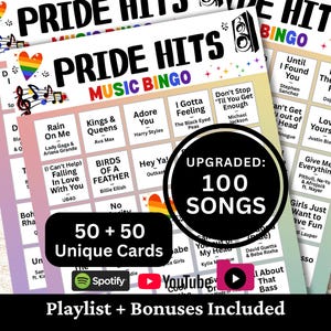 May include: A stack of Pride Hits Music Bingo cards with a rainbow heart and musical notes. The cards feature song titles and artist names, with the text "UPGRADED: 100 SONGS" and "50 + 50 Unique Cards".
