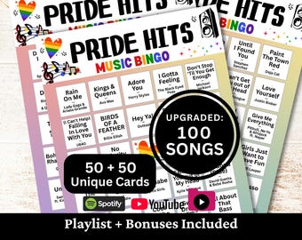 Pride Hits Music Bingo, 50 Cards, 100 Songs Playlists Included, LGBTQ+ Party, Printable PDF Game, Instant Download