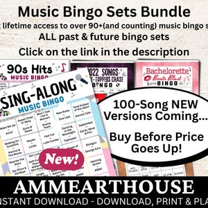 May include: A bundle of music bingo sets with various themes, including 90s Hits, 2022 Songs, and Bachelorette Beats Blast. The image features colorful bingo cards with song titles and the text "Buy Before Price Goes Up!"