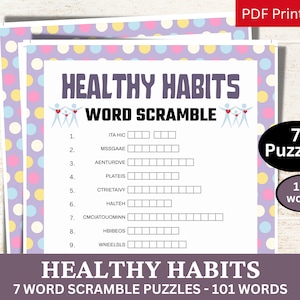 7 Healthy Habits Word Scramble Puzzle Game, Good Practice Activity, Self-Care Printable, Love Yourself Game PDF, Mental Health Party Theme