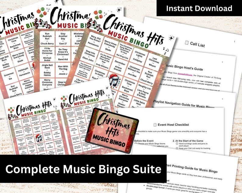 Christmas Hits Music Bingo, 100 Cards, 100 Songs Playlists Included, Printable PDF Game, Instant Download image 2