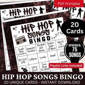 Bingo de canciones de hip hop de 20 tarjetas, bingo de música rap con lista de reproducción, juego de reunión familiar, actividad para romper el hielo en la fiesta de cumpleaños, bingo de club