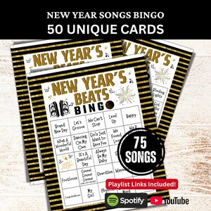 New Year&#39;s Eve Songs Bingo 50 Cards, Holiday Anthem Party Celebration Activity, Fun Family Game Printable for Adult, Winter Songs Gathering