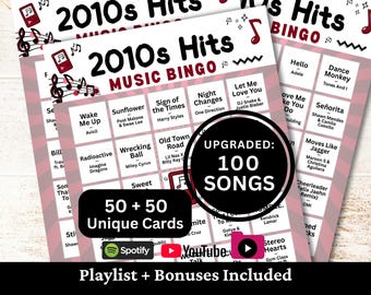 Bingo musicale dei successi degli anni 2010, 50 cartelle, playlist di 100 brani incluse, gioco PDF stampabile, download immediato