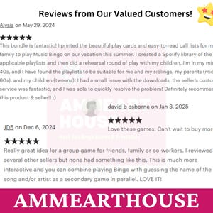 May include: Reviews from customers about a Music Bingo game. The game includes play cards, call lists, and Spotify playlists. The reviews highlight the game's suitability for families and groups, as well as the seller's excellent customer service.