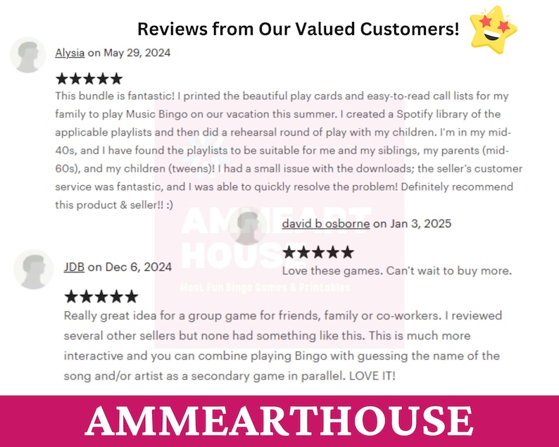 May include: Reviews from customers about a Music Bingo game. The game includes play cards, call lists, and Spotify playlists. The reviews highlight the game's suitability for families and groups, as well as the seller's excellent customer service.