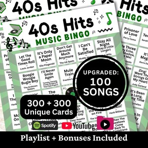 Printable 40s Hits Music Bingo game for parties, family gatherings, office events, fundraisers, and community game nights. Includes 100 popular 1940s songs and timeless classics many still know and enjoy today. Comes with 300 + 300 unique cards, Spotify, YouTube, and offline 1-minute snippets playlists, plus bonus