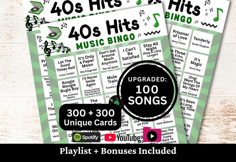 Printable 40s Hits Music Bingo game for parties, family gatherings, office events, fundraisers, and community game nights. Includes 100 popular 1940s songs and timeless classics many still know and enjoy today. Comes with 300 + 300 unique cards, Spotify, YouTube, and offline 1-minute snippets playlists, plus bonus