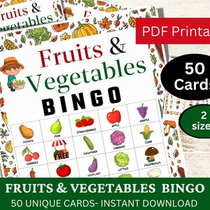 50 carte da gioco Bingo con frutta e verdura, attività per feste a tema alimentare, gioco PDF stampabile per un'alimentazione sana, amanti del giardinaggio di verdure