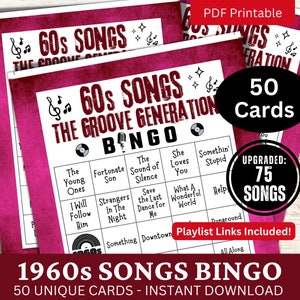 Gioco del bingo con canzoni degli anni '60, 50 carte, bingo musicale anni '60 con playlist, serata di festa di famiglia, attività di ritrovo a tema compleanno per adulti