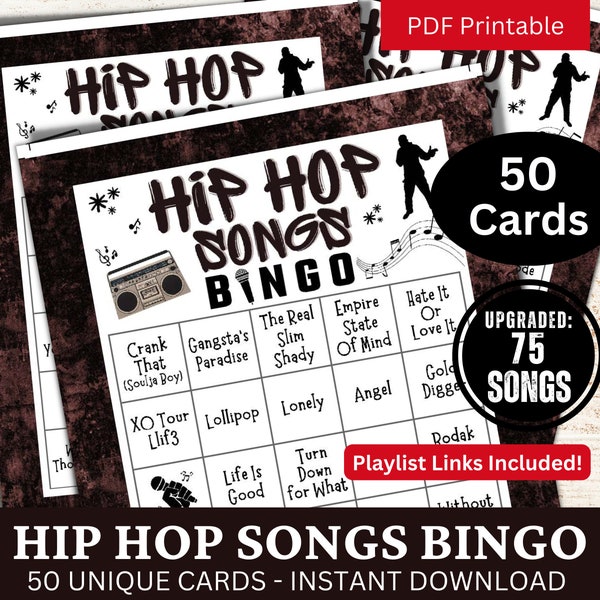 Juego de bingo de canciones de hip hop 50 cartas, actividad de fiesta de música rap, juego imprimible de reunión nocturna familiar, juego PDF para romper el hielo de cumpleaños, club de bingo