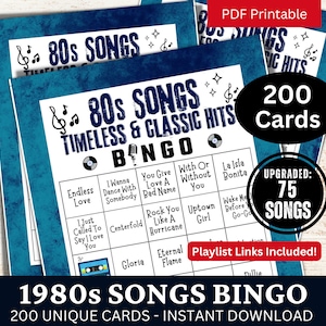 80s Classic Songs Bingo 200 Cards, Music Bingo com Playlist 75 Songs, Family Retro Night Gathering Printable Game, Birthday Party Activity