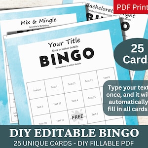 25 bewerkbare bingo aquarel hemelsblauwe sjabloon PDF, DIY invulbare gamekaart, aangepaste automatische vulling, gepersonaliseerd Maak uw eigen generator