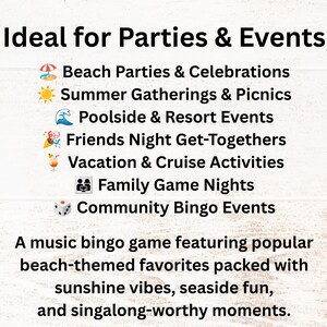 May include: A music bingo game with text listing: Ideal for Parties & Events, Beach Parties & Celebrations, Summer Gatherings & Picnics, Poolside & Resort Events, Friends Night Get-Togethers, Vacation & Cruise Activities, Family Game Nights, Community Bingo Events.