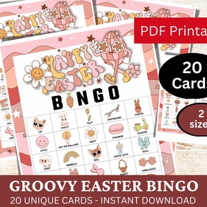 May include: A set of 20 printable Easter bingo cards with a groovy retro theme. The cards feature a variety of images, including a hot air balloon, a cat, a daisy, a dog, a rainbow, a scooter, a skateboard, a sheep, a smile, a tulip, a basket, sunglasses, a bow, a muffin, a macaron, a coffee latte, and a cassette tape. The cards are pink and white with a retro font. The text on the cards reads "Happy Easter Bingo".