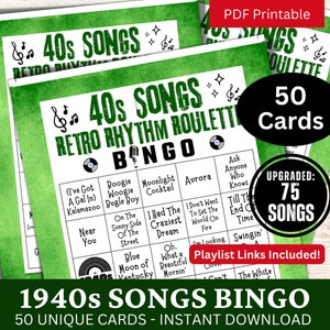 Bingo de canciones de los años 40, 50 tarjetas, bingo musical de los años 40 con lista de reproducción para personas mayores, juego de fiesta de reunión familiar, actividad de reunión con temática de cumpleaños retro