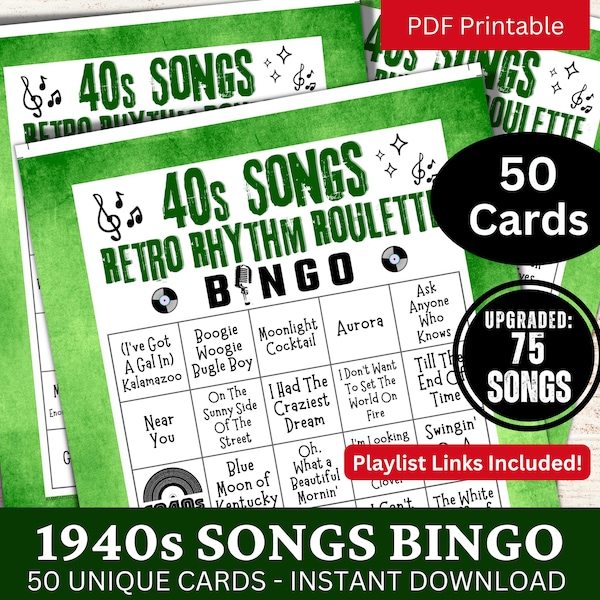 1940s Songs Bingo 50 Cards, 40s Music Bingo with Playlist for Senior, Family Reunion Party Game, Retro Birthday Theme Gathering Activity