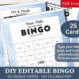 25 Plantilla editable de bingo acuarela índigo azul PDF, tarjeta de juego rellenable DIY, relleno automático personalizado, personalizado haga su propio generador