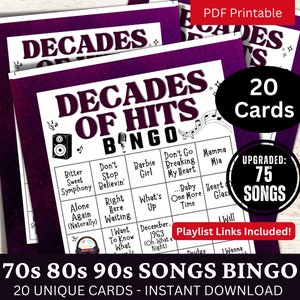 Décadas de sucessos Bingo 20 cartões, 70s 80s 90s Músicas Jogo para atividade de festa, Reunião de noite de família Imprimível, PDF de aniversário para amantes do retrô