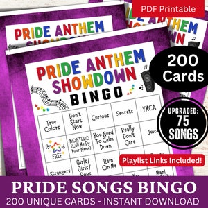 Pride Songs Bingo 200 Cartões, Comunidade Música Bingo com Lista de Reprodução, Adulto Imprimível LGBTQ Trans Festa Atividade, Arco-íris Temático Jogo de Escritório