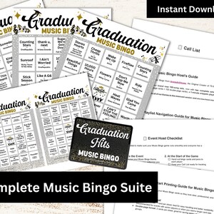 May include: A complete graduation music bingo suite, featuring multiple bingo cards with song titles, a host's guide, and a call list. The design includes gold accents and the text "Graduation Music Bingo" and "Graduation Hits Music Bingo".