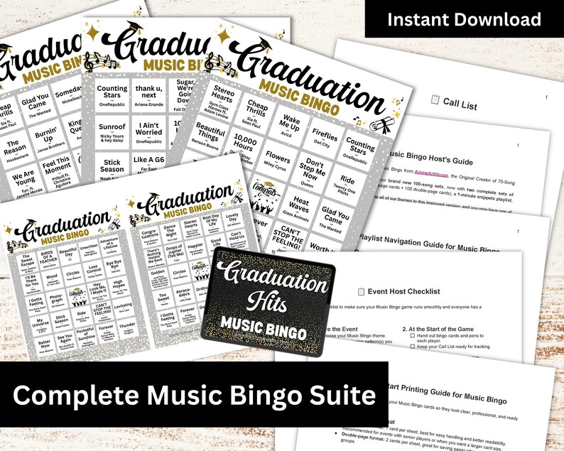 May include: A complete graduation music bingo suite, featuring multiple bingo cards with song titles, a host's guide, and a call list. The design includes gold accents and the text "Graduation Music Bingo" and "Graduation Hits Music Bingo".