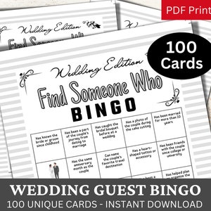 Juego de bingo de 100 invitados a una boda, encuentre a alguien que tenga actividad, encuentre al invitado para romper el hielo en PDF imprimible, mezcle y mezcle la recepción, encuentre a la persona