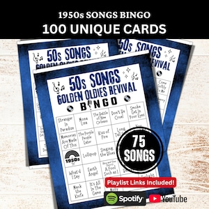 1950s Songs Bingo 100 Card, Throwback Birthday Theme Gathering Activity, 50s Music Bingo with Playlist for Senior, Family Reunion Party Game