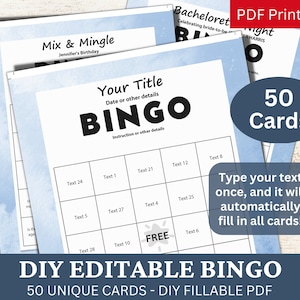 50 bearbeitbare Bingo Aquarell Indigo Blau Vorlage PDF, DIY ausfüllbare Spielkarte, benutzerdefinierte automatische Füllung, personalisiert Machen Sie Ihren eigenen Generator