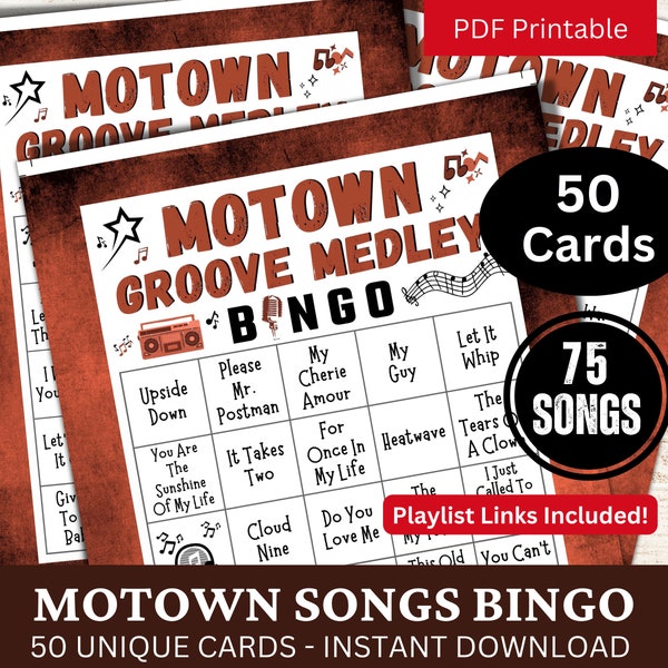 Bingo de canciones R&B Soul Pop, 50 cartas, actividad divertida para fiestas familiares, juego de reunión para personas mayores en PDF imprimible, bingo de música clásica con lista de reproducción