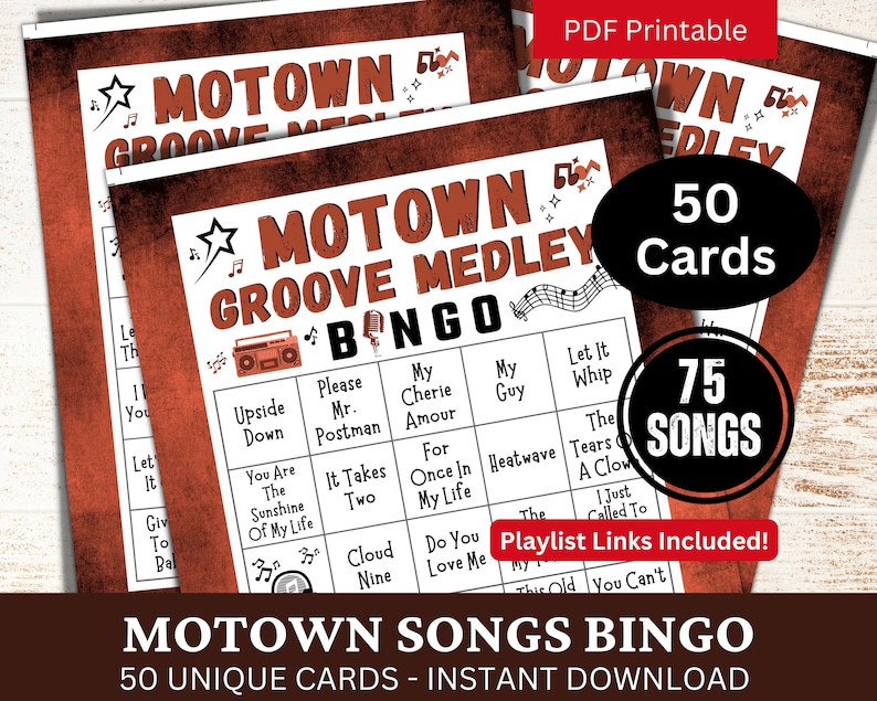 R&B Soul Pop Songs Bingo 50 Cards, Fun Family Holiday Party Activity, Senior Gathering Game PDF Printable, Classic Music Bingo with Playlist image 1