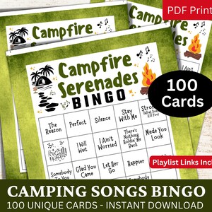 Camping Songs Bingo 100 Card, Summer Journey Music com jogo de lista de reprodução, atividade de festa para impressão para adultos em viagem ao ar livre, aniversário em família e feriado